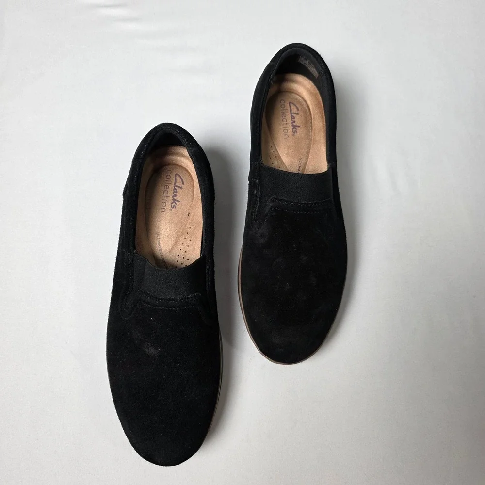 Clarks Slip On Loafers Womens 9 Black Suede Wedge Ultimate Comfort 261801184065‎
